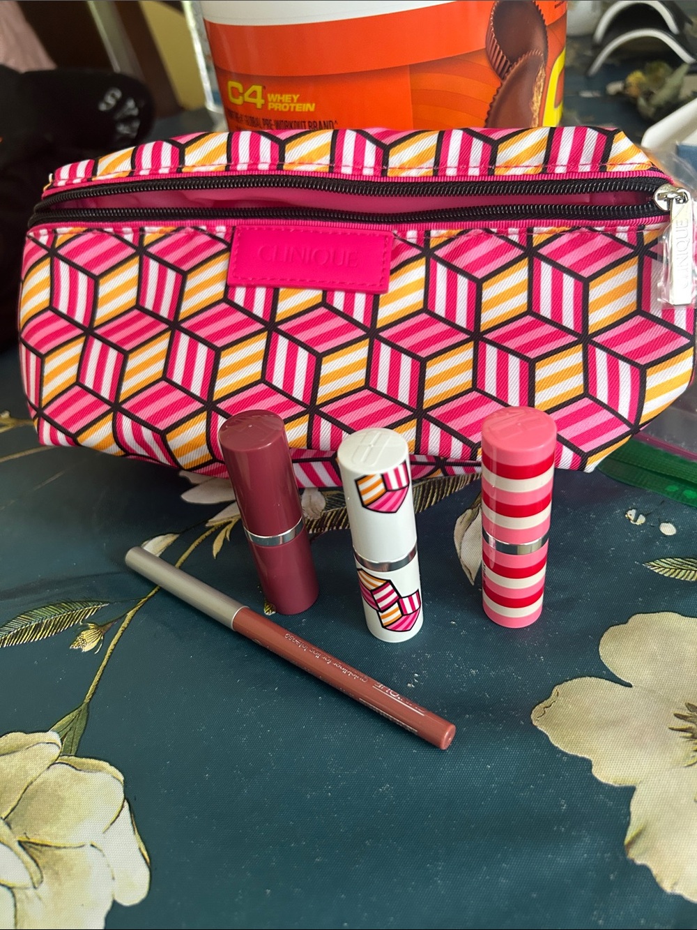 Clinique Pink and Yellow Geometric Makeup Pouch